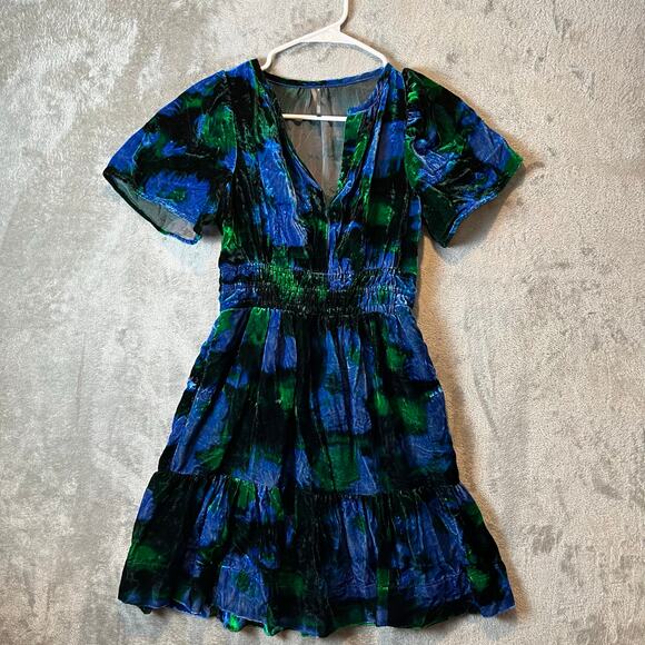 Anthropologie Somerset Mini Dress‎ Velvet Blue Floral Medium Pockets Size XXS - Picture 1 of 6